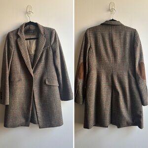 Zara Brown Plaid Blazer with Suede Elbow Patches